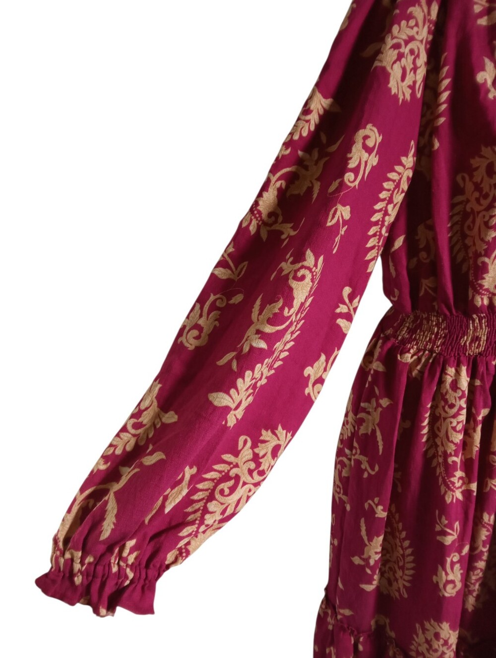 Umgee Pink Floral Midi Dress Sz L Smocked Waist Tie Neck Boho Cottagecore Tiered - Picture 8 of 9